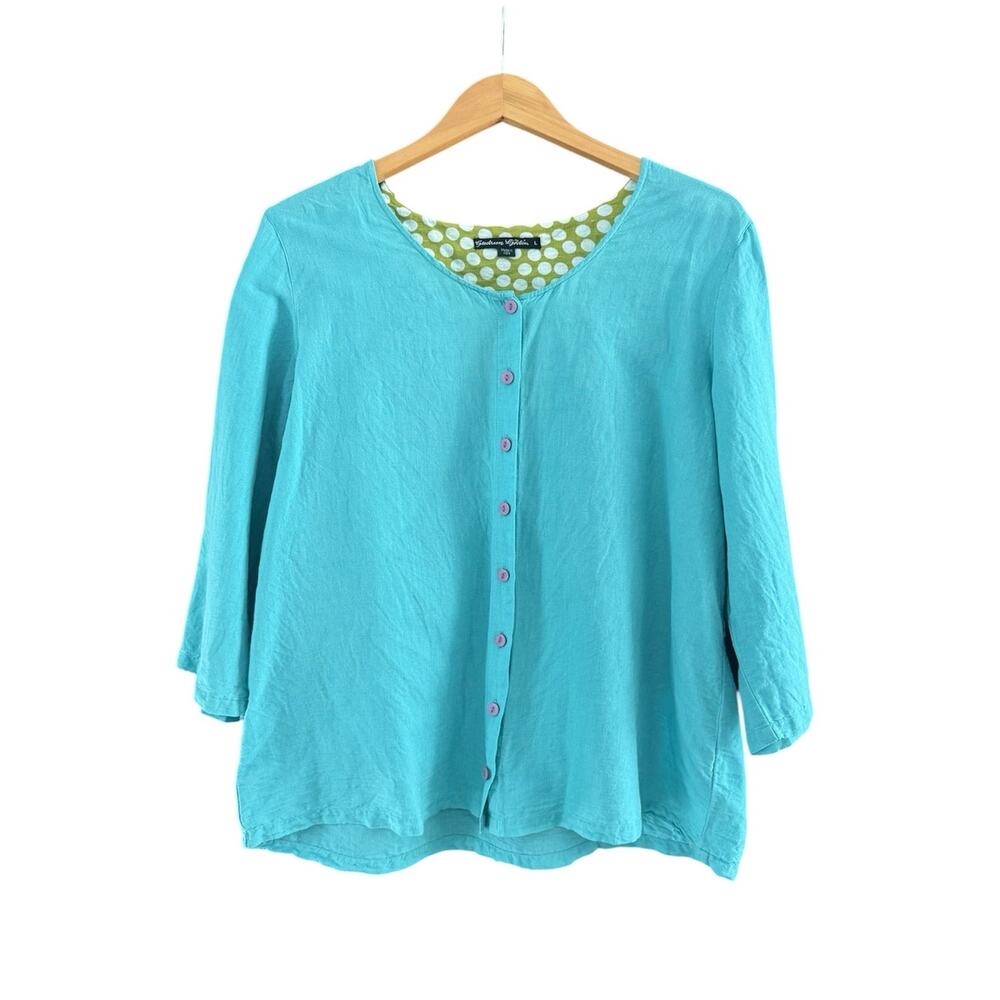 Gudrun Sjoden Cotton Linen Turquoise Blouse Jacket Sz Large Polka Dot Lagenlook